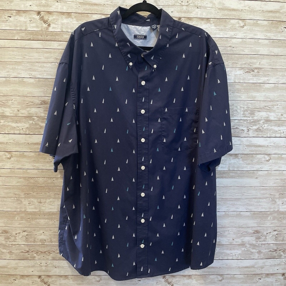 IZOD Mens 3XL Shirt Easy Wear Short Sleeve Navy Blue Sailboat AOP All Over Print